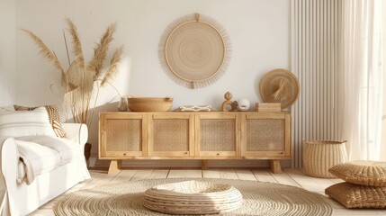 Boho-style living room with beige interior, wooden console, and stylish home decor, creating a cozy atmosphere.
