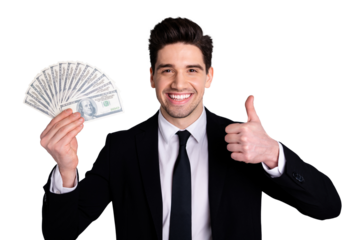 Close-up portrait of nice attractive cheerful guy sales manager financier banker economist holding in hand currency lottery credit loan showing thumbup isolated over light gray background