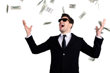 Portrait of his he nice elegant attractive cheerful guy sales manager financier banker economist director throwing away currency lottery credit win winner isolated over light gray background