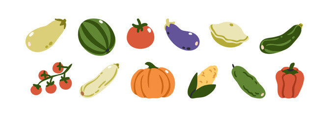 Vegetables set. Eggplant, pattypan squash, zucchini, pumpkin, corn, bell pepper, cucumber, cherry tomato. Healthy veggies. Natural eating. Flat vector illustration isolated on white background