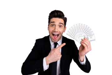 Close-up portrait of his he nice attractive cheerful ecstatic guy economist auditor boss accountant holding in hand sum banknote lottery cashback withdrawal isolated over light gray background