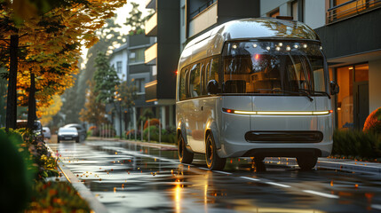 Obraz premium Autonomous Electric Shuttle on Suburban Street. Autonomous electric shuttle travels through a suburban street, showcasing modern transportation technology and eco-friendly urban logistics.