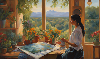 Masterful Oil Painter Creates Luminous Landscapes, Capturing Nature's Beauty. Cozy Studio Overlooking Garden, Canvases of Verdant Scenes Drying.