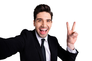 Close up photo amazing funky he him his model macho handsome make take selfies show v-sign say hi colleagues coworkers wear white shirt black suit jacket tie formalwear isolated grey background