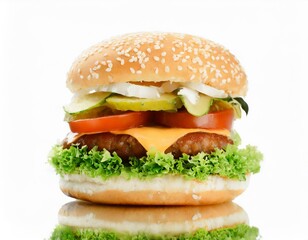 Perfect hamburger classic burger american cheeseburger isolated on white reflection. Giant perfect burger large massive thick classic american cheeseburger isolated hamburger with extra toppings