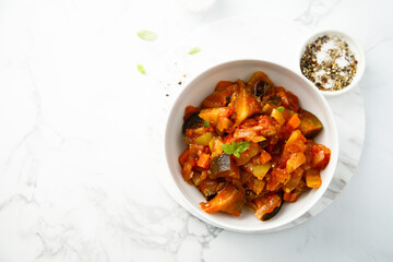 Healthy harvest ragout with eggplant and tomato
