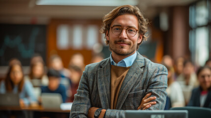 Obraz premium A wonderful portrait of a teacher at a lecture. The students listen to him carefully. Great learning concept