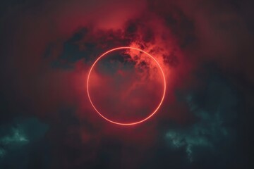 Obraz premium an abstract neon-lit cloud surrounded by a neon light ring in the dark night sky, forming a glowing geometric shape with a round frame. Beautiful simple AI generated image in 4K, unique.