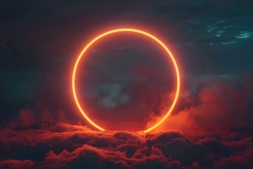 an abstract neon-lit cloud surrounded by a neon light ring in the dark night sky, forming a glowing geometric shape with a round frame. Beautiful simple AI generated image in 4K, unique.