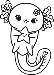 Obraz premium Bold line drawing cute baby axolotl holding starfish with editable stroke thickness for coloring page for kids. Vector illustration.