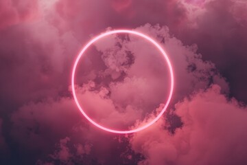 an abstract neon-lit cloud surrounded by a neon light ring in the dark night sky, forming a glowing geometric shape with a round frame. Beautiful simple AI generated image in 4K, unique.