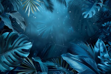 Banners with exotic blue tropical leaves and plants on blue background. copy space on the center. flat lay. top view