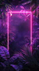 Neon frame, tropical glowing background, tropic leaves. Vertical template. Jungle summer party design.