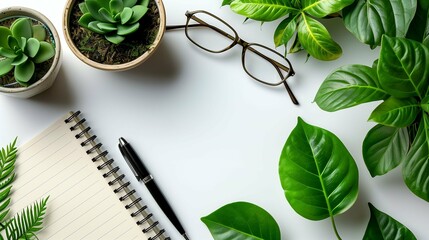 Glasses, notebook, pen and plants isolated on white