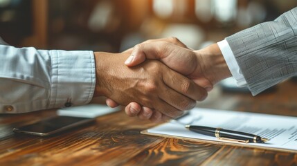 Close-up of hands shaking over a signed business agreement, symbolizing partnership and new ventures with paperwork and a pen nearby