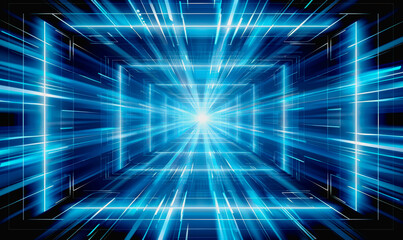 Abstract futuristic scene with vibrant blue lines and geometric patterns