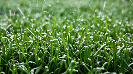 Fresh green May grass covered with a layer of snow due to abnormal weather at the summer