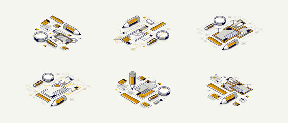 Engineering project concept set, paper document blueprint engineer work vector 3D isometric illustration, abstract draft drawing, cad technical plan.