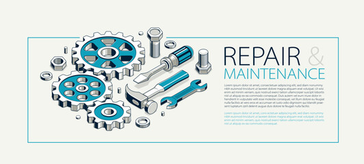 Repair and maintenance advertising, technics service, gears and tools in 3D isometric projection vector illustration, technical mechanical workshop.