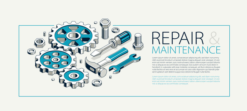Repair and maintenance advertising, technics service, gears and tools in 3D isometric projection vector illustration, technical mechanical workshop.