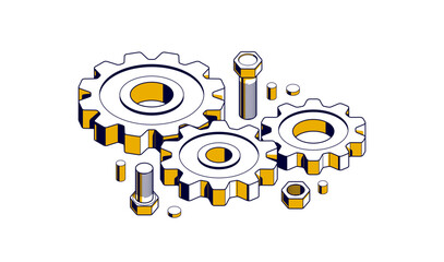 Mechanical engineering concept, gears and cogs composition isometric 3D vector illustration, cogwheels system technology and technics machinery engine.