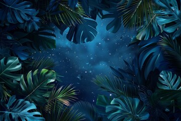 In the center of the poster is a copy space with a border of cartoon foliage in blue colors. Night jungle or summer forest design with a blue background and blue leaves. Modern poster with border