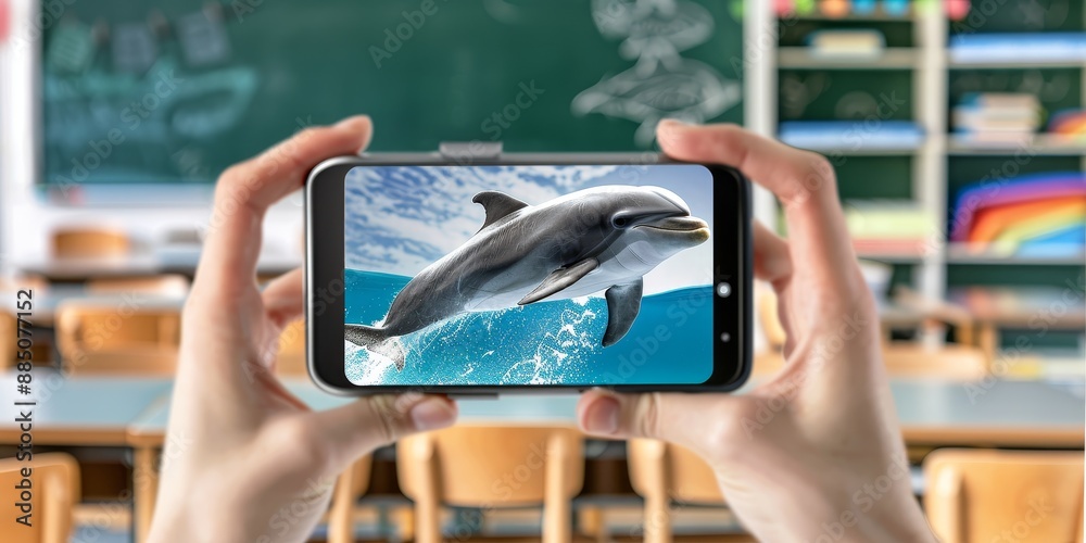 Poster Augmented reality dolphins in a classroom, showcasing innovative education technology and interactive learning through digital displays