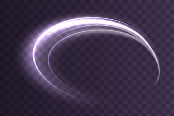 Glowing shiny spiral lines effect. Curved line light. Glittering wavy trail. Swirling glow neon circle. Rotating shining rings. Silver swirl with flare sparkles. Dynamic white motion wave. Vector