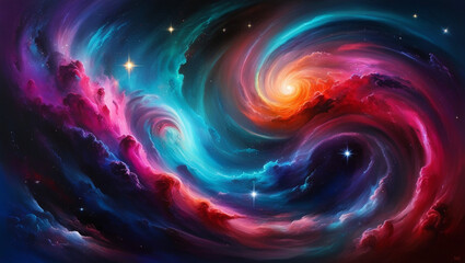Abstract cosmic swirls of vivid colors, resembling an interstellar nebula, swirling gases and bright stars scattered throughout, evoking a sense of vastness and mystery, Artwork, digital painting