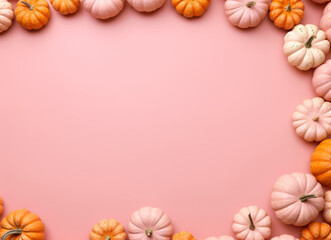 A collection of pumpkins on a pink background.