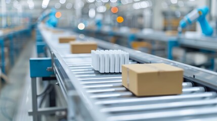 Obraz premium Detailed close-up of a conveyor belt system in a factory, with industrial robots sorting products, high clarity, no people, focus cover all object
