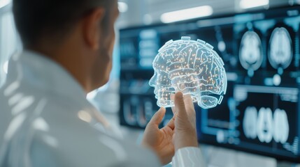 Detailed photo of a futuristic workspace, human and machine interacting harmoniously, advanced technology displayed, focus cover all object