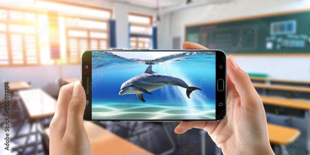 Poster augmented reality dolphins in a classroom, showcasing innovative education technology and interactiv