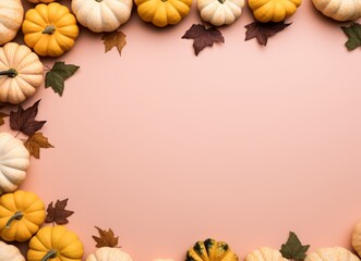 A collection of pumpkins on a pink background.