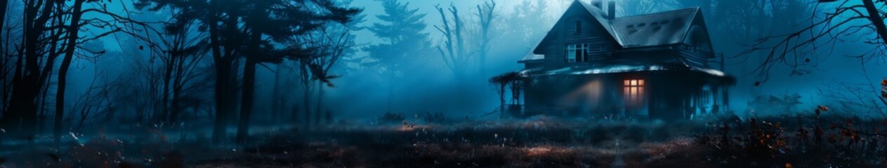 Haunted House in Moonlit Forest on Halloween Night. Dark and Eerie Atmosphere with Spooky Vibes, Perfect for a Mysterious and Dangerous Setting. AI-Generated, 4K High-Resolution Wallpaper.