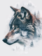 Obraz premium Double exposure of wolf and forest poster art