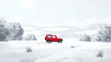 A red jeep drives through a snowy landscape.