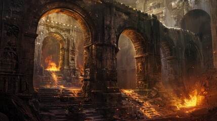 Classic architecture featuring stone arches and fire, evoking a sense of ancient grandeur and mystery.