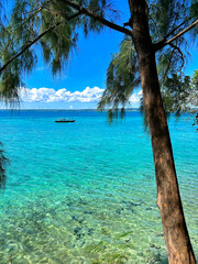 Mar de Zanzíbar en África. Bote en el mar azul enmarcado por los árboles de la costa.