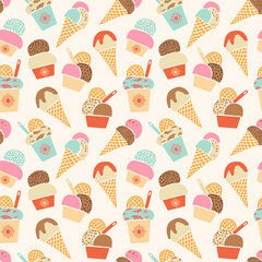 Retro Ice-cream vector seamless pattern. Hand drawn various colorful textured summer frozen desserts on cream off-white background. Cute gelato in waffle cones and cups. Modern sweet food repeat tile