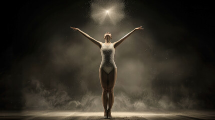 Naklejka premium Graceful Display of Rhythmic Gymnastics Athlete Performing with Hoop in Spotlight Showcasing the Elegance, Strength, and Precision of Rhythmic Gymnastics in a Captivating Performance Brainstorming