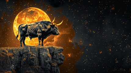Naklejka premium Majestic bull on a rocky cliff, backlit by a giant glowing moon. This dramatic scene evokes power, prosperity, and the relentless drive for success in the financial world.