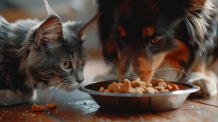 Cute dog and cat eating together, showcasing their harmonious relationship and mutual trust.