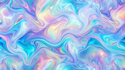 Fototapeta premium Soft, mesmerizing holographic background featuring iridescent light foil texture, pastel unicorn marble pattern, and modern pearlescent blurry abstract swirls.