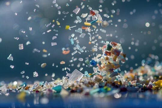A dynamic image of colorful microplastic fragments floating in the air, highlighting the pervasive issue of plastic pollution in the environment.