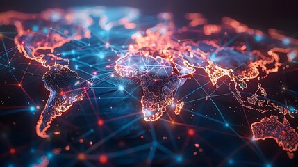 Global communication network with connecting lines over a world map.