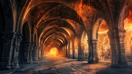 Obraz premium Dramatic scene of stone arches with flickering flames, capturing the essence of classic ancient architecture