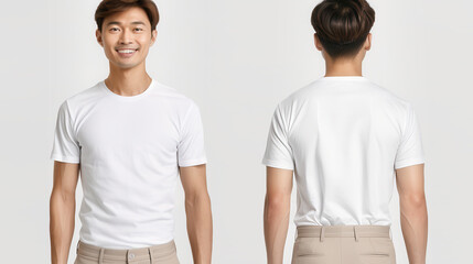 Man wearing plain white t-shirt, front and back view, neutral background, showcasing casual outfit for fashion or advertising purposes.