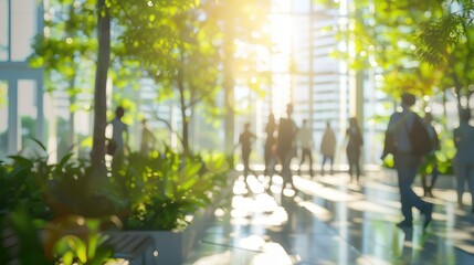 Blurred background of people walking in a modern office building with green trees and sunlight , eco friendly and ecological responsible business concept image with copy space