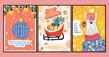Vector retro posters in cartoon style hand-drawn on the theme of New Year and Christmas greeting cards with kind greetings